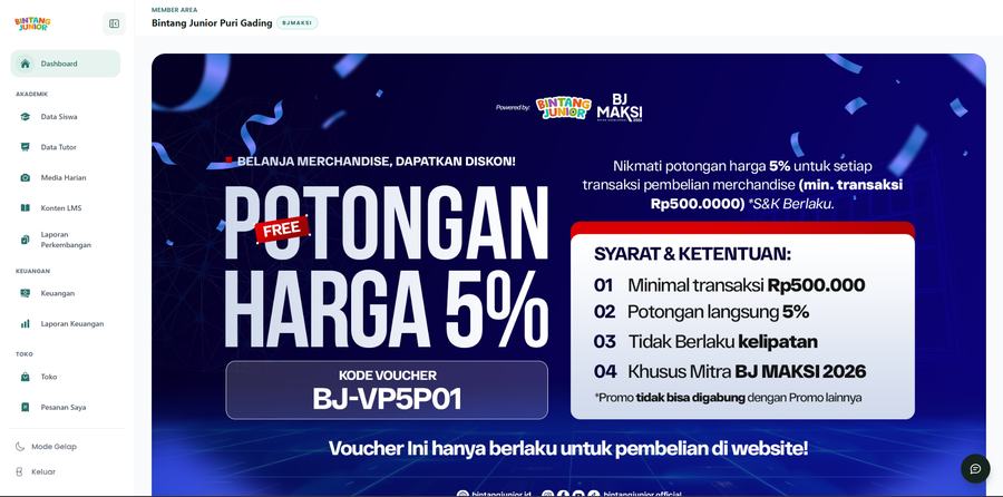 Dashboard of Bintang Junior Member Area